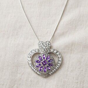 Silver Rhinestone Heart Snap Necklace | Purple Flower Rhinestone Snap
